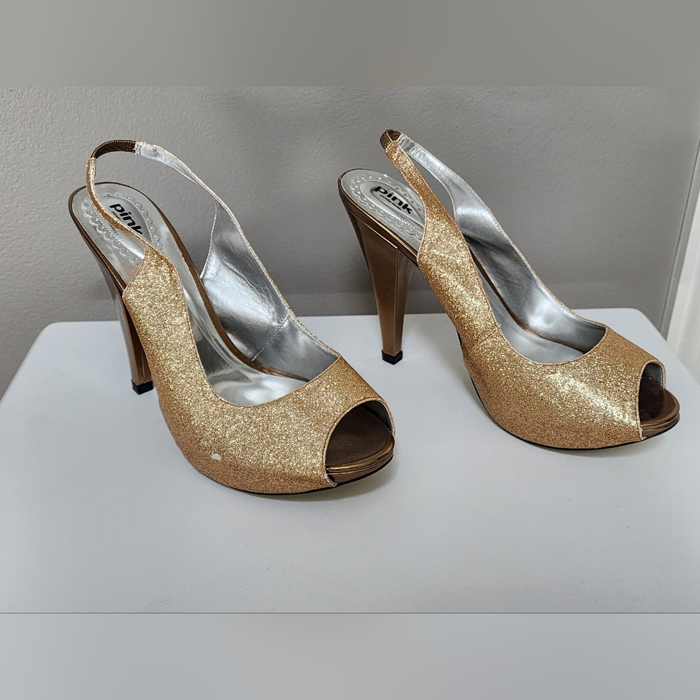Pink Paradox London Gold Glitter Peep Toe Heels